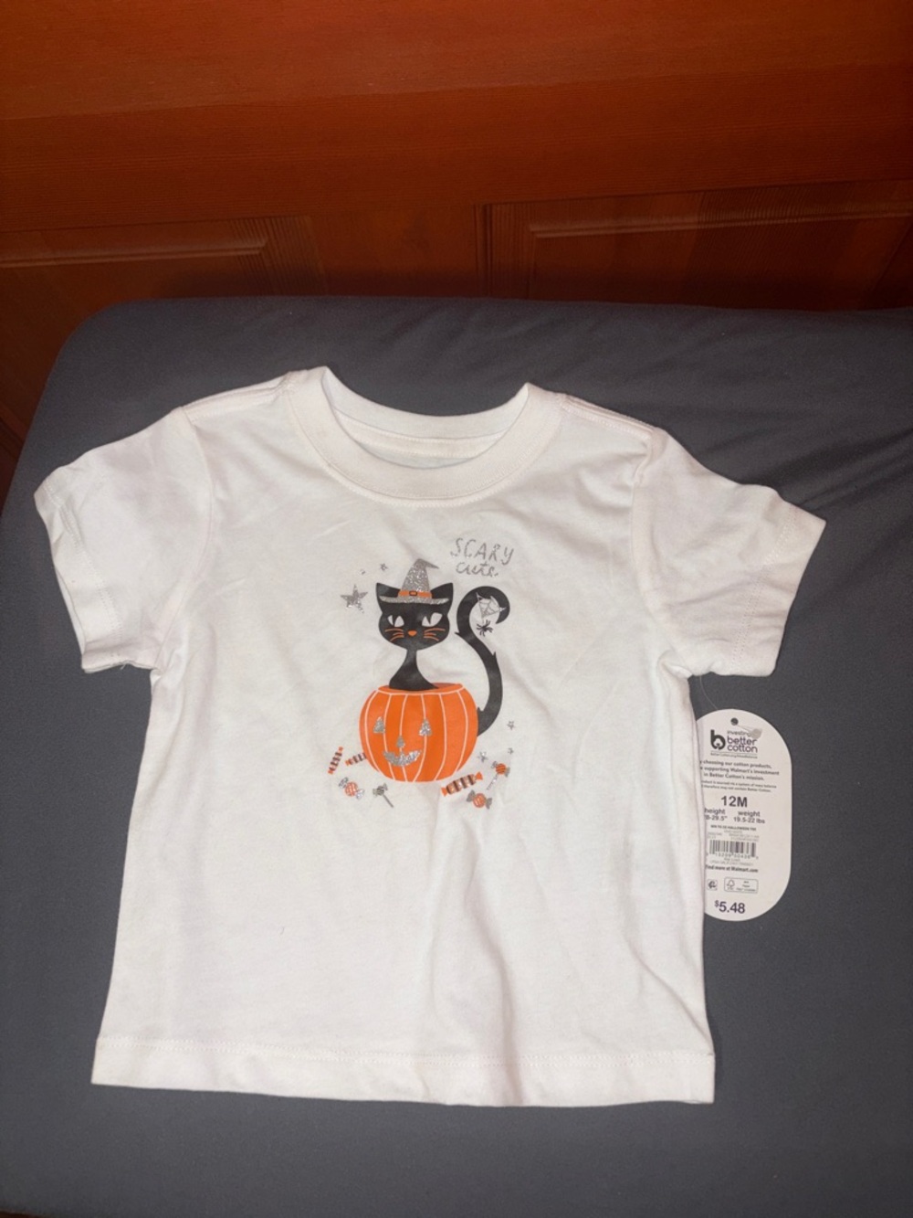 wonder nation White Short Sleeve Tee with Black Cat & Orange Pumpkin Graphic